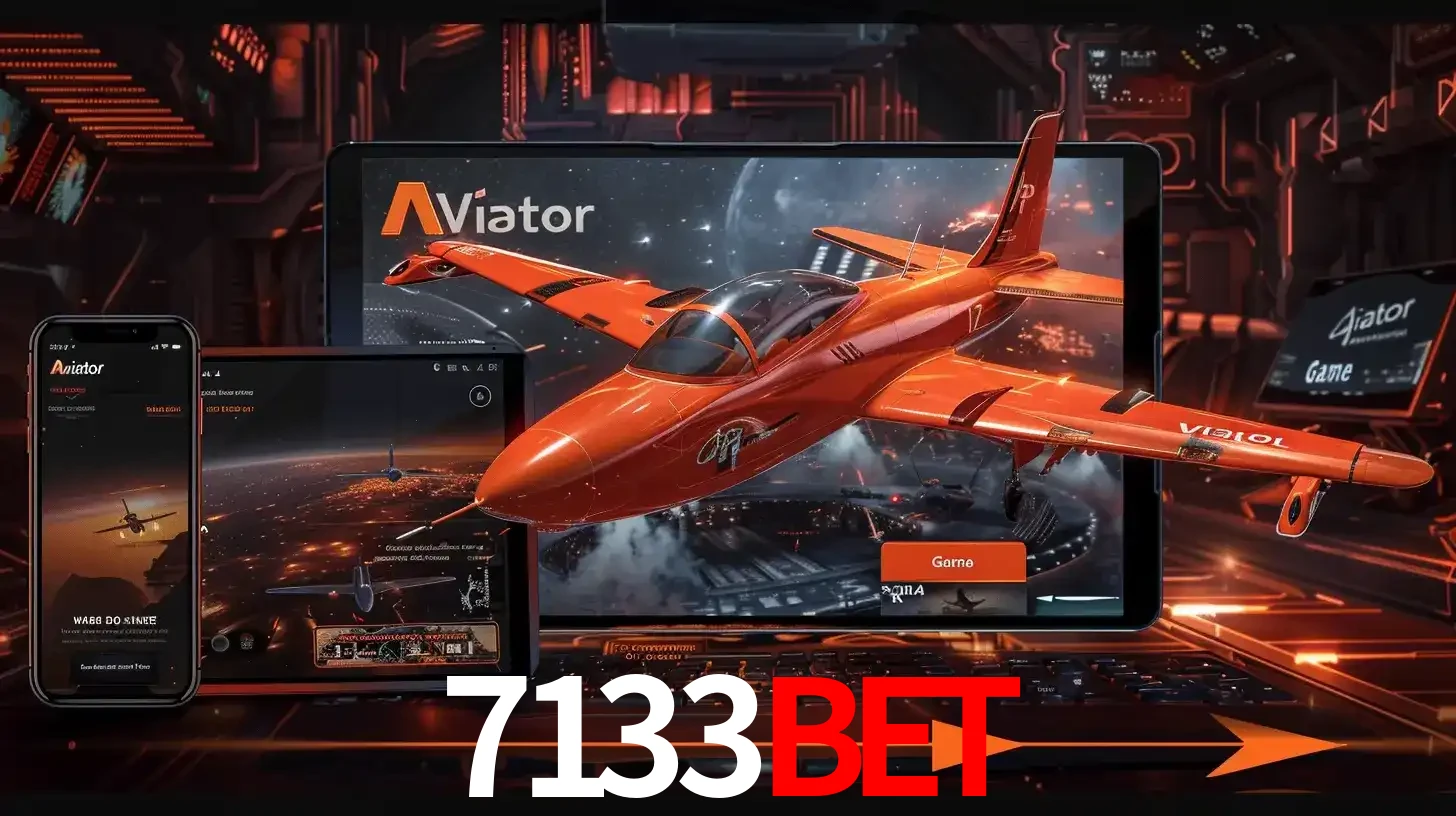Apresentação tecnológica do jogo Aviator com um avião saindo da tela de um tablet, demonstrando a experiência imersiva em múltiplos dispositivos no 7133bet.