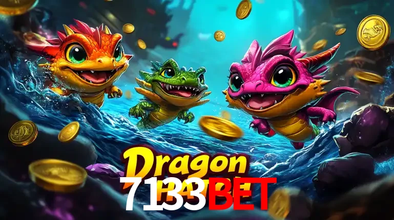 Arte promocional do jogo Dragon Hatch com três adoráveis dragões bebês nadando entre moedas de ouro, um dos slots mais divertidos para jogar no cassino 7133bet.