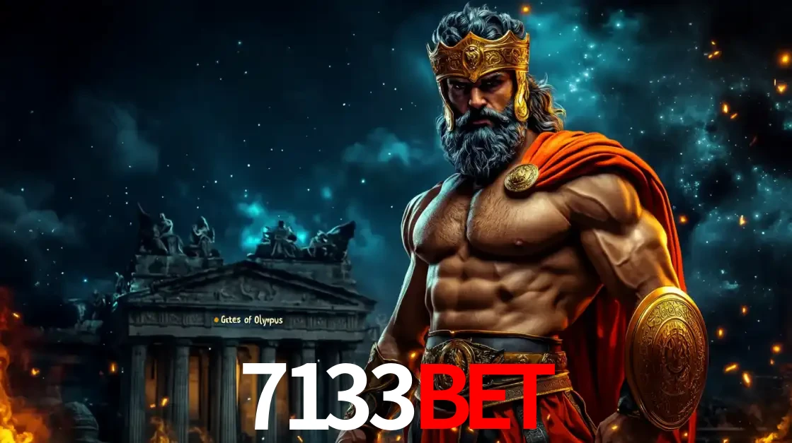 O poderoso Zeus do jogo de slot Gates of Olympus em frente ao seu templo, pronto para lançar multiplicadores divinos e prêmios épicos no cassino online 7133bet.