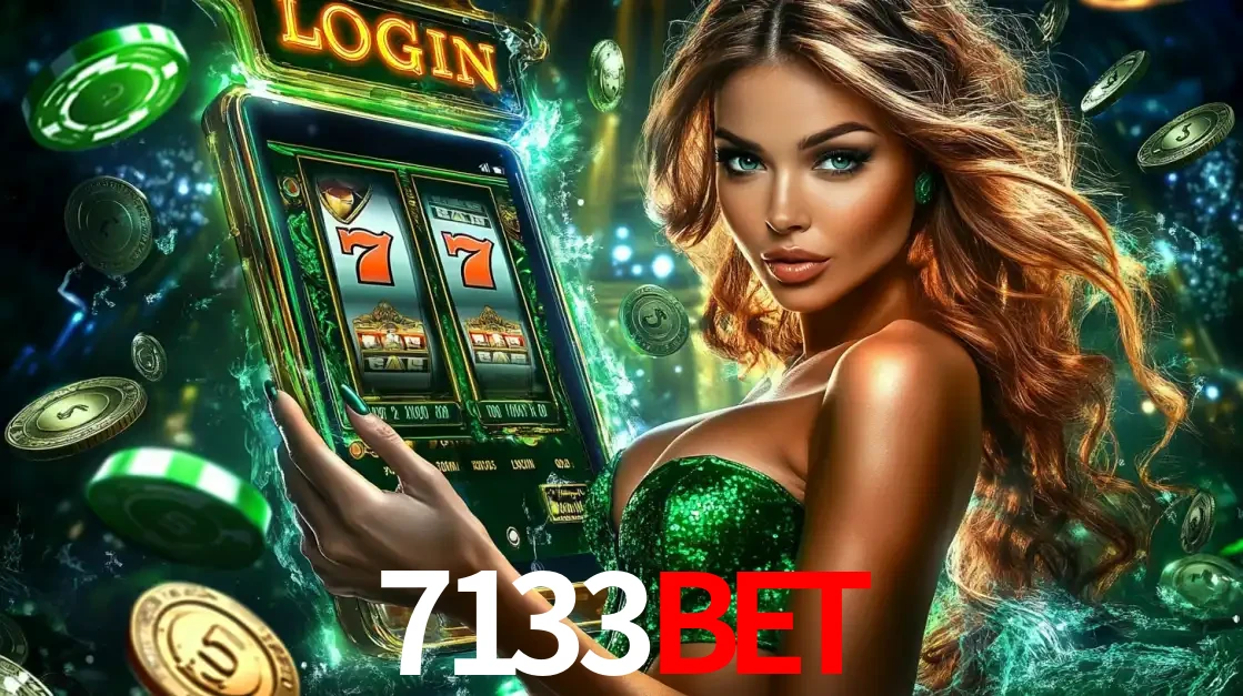 Mulher com tema verde apresentando o aplicativo do cassino 7133bet com um jogo de slot de 777, cercada por fichas de cassino e uma aura de sorte.