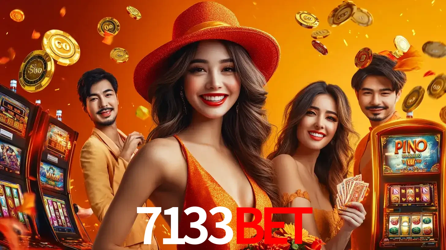 Grupo de amigos asiáticos sorrindo e se divertindo com máquinas de caça-níqueis em um ambiente festivo, celebrando suas vitórias nos jogos de cassino do 7133bet.