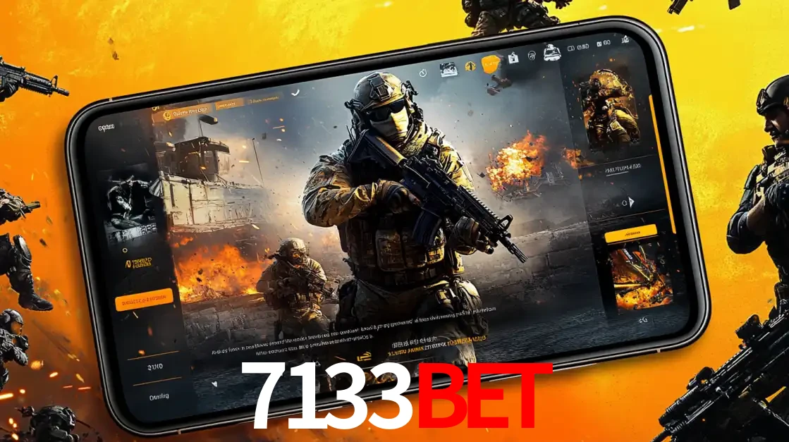 Um smartphone exibindo a interface de um jogo de tiro em primeira pessoa, com um soldado em um cenário de batalha, representando a ação dos e-sports para apostar no 7133bet.