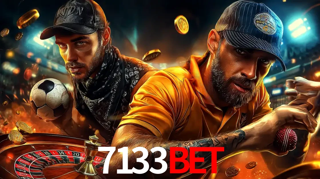 Montagem de apostas esportivas e cassino no 7133bet, com um homem segurando uma bola de futebol e outro uma de beisebol sobre uma roleta e moedas voadoras.