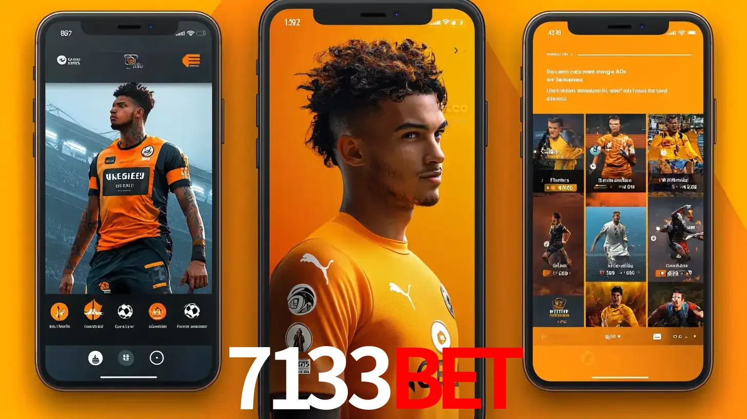 Interface do aplicativo de apostas esportivas 7133bet em três telas de celular, mostrando o perfil de um jogador de futebol e a lista de jogos disponíveis para apostar.