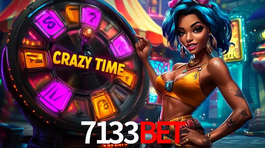 Mulher estilizada com cabelo azul e visual vibrante posando ao lado da roda de prêmios do game show Crazy Time, convidando para a diversão e os bônus do cassino 7133bet.