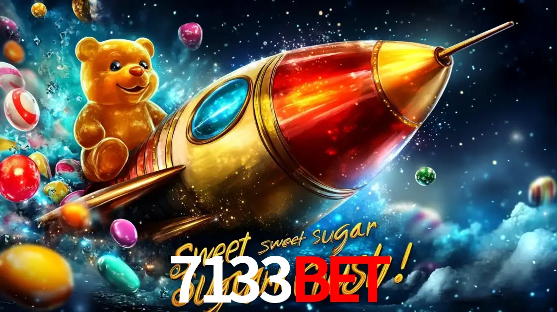 Arte promocional do jogo de slot Sugar Rush, com um urso de pelúcia em um foguete viajando pelo espaço de doces, um dos jogos divertidos disponíveis no cassino 7133bet.