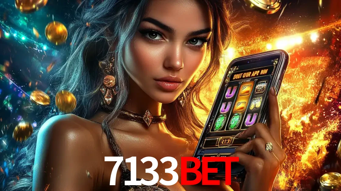 Mulher elegante mostrando um jogo de caça-níqueis em seu smartphone, destacando a experiência de cassino móvel oferecida pelo aplicativo 7133bet.