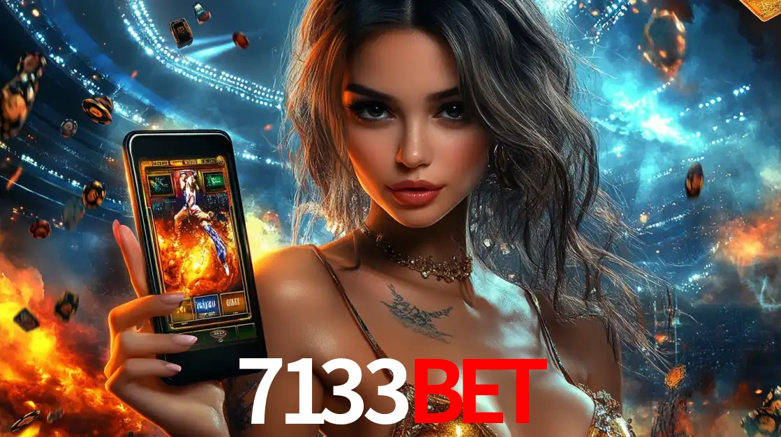 Mulher segurando um celular com um jogo de slot em destaque, tendo como fundo um estádio vibrante, simbolizando a emoção de jogar no cassino móvel 7133bet.